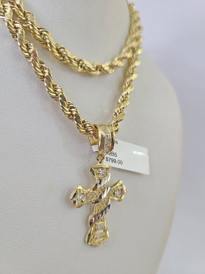 Real 10k Rope Chain Jesus Cross Charm Necklace Pendant Set 5mm 20" - 30" Inch Gold - Reva Jeweler
