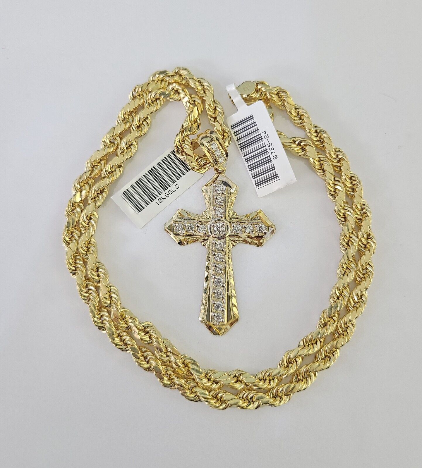 Real 10k Rope Chain Jesus Cross Charm Necklace Pendant Set 5mm 20" - 30" Inch Gold - Reva Jeweler