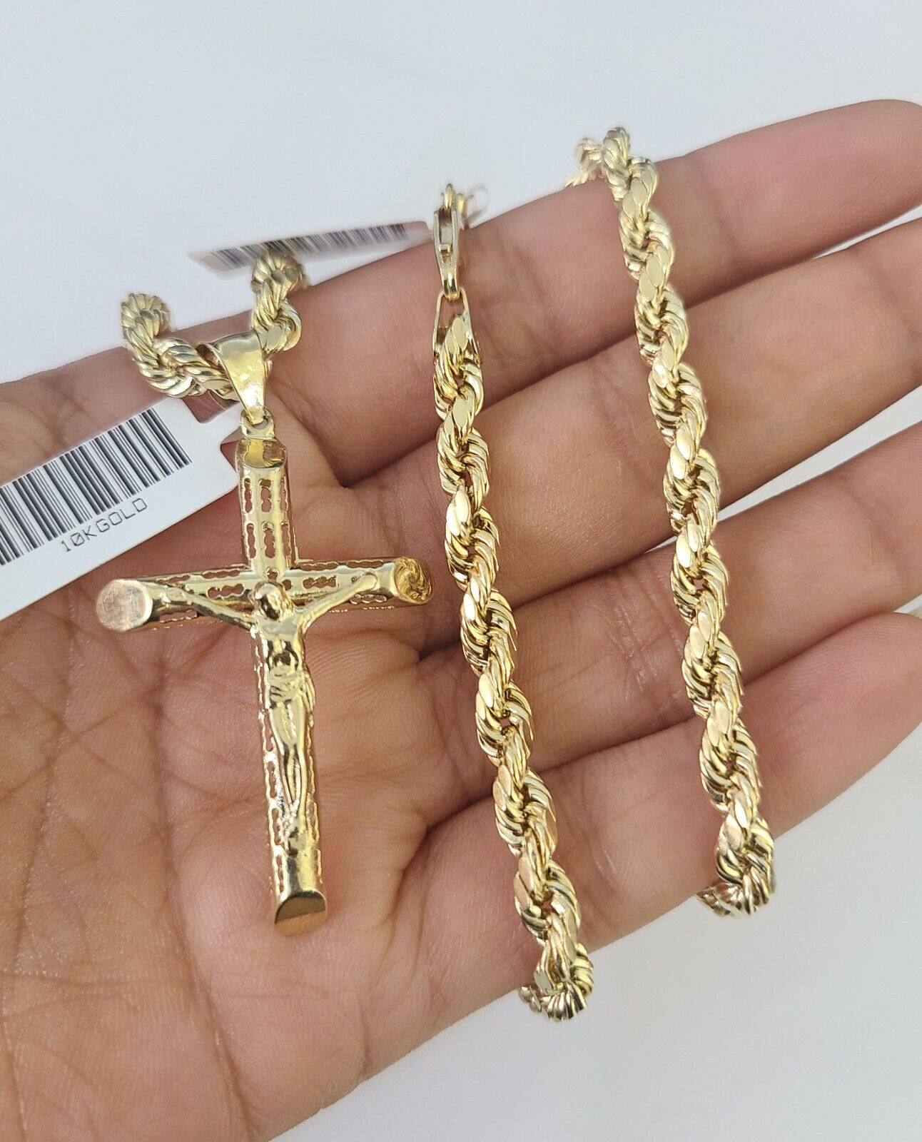 Real 10k Rope Chain Jesus Cross Charm Necklace Pendant Set 5mm 20" - 30" Inch Gold - Reva Jeweler