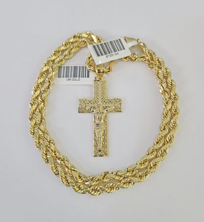 Real 10k Rope Chain Jesus Cross Charm Necklace Pendant Set 5mm 20" - 30" Inch Gold - Reva Jeweler