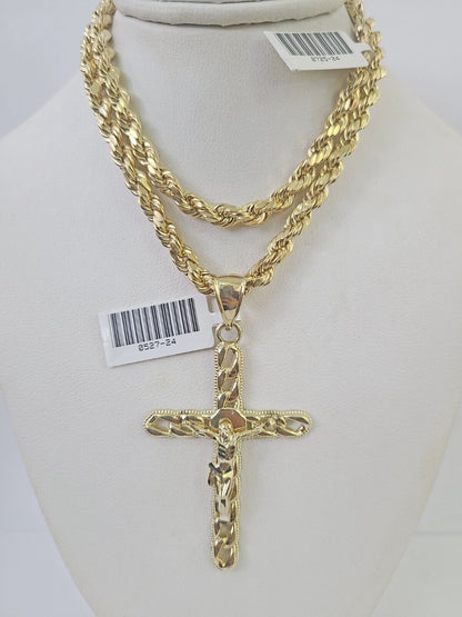 Real 10k Rope Chain Jesus Cross Charm Necklace Pendant Set 5mm 20" - 30" Inch Gold - Reva Jeweler