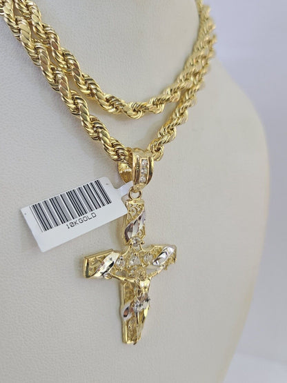 Real 10k Rope Chain Jesus Cross Charm Necklace Pendant Set 5mm 20" - 30" Inch Gold - Reva Jeweler