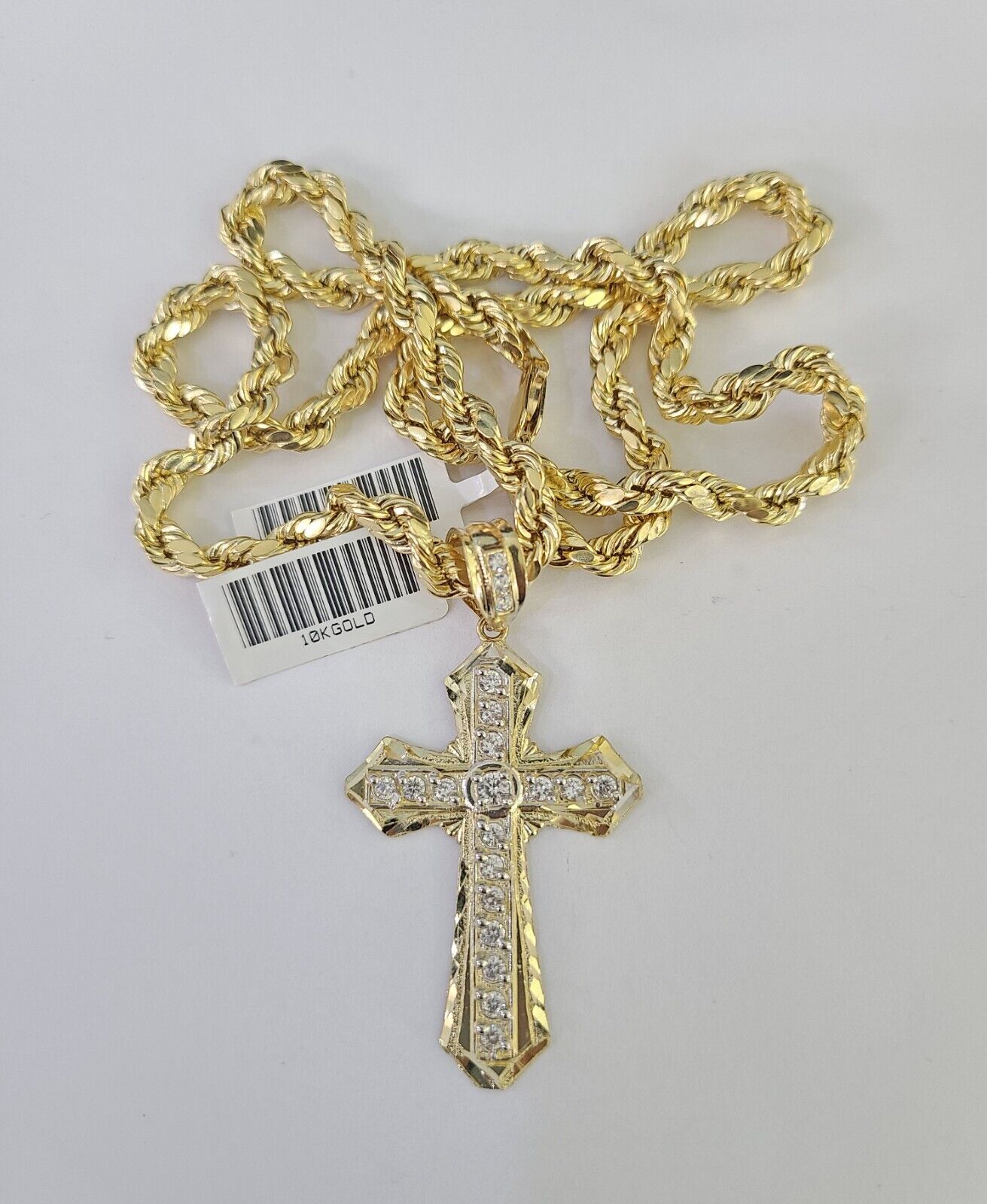 Real 10k Rope Chain Jesus Cross Charm Necklace Pendant Set 5mm 20" - 30" Inch Gold - Reva Jeweler