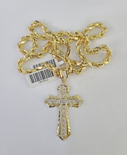 Real 10k Rope Chain Jesus Cross Charm Necklace Pendant Set 5mm 20" - 30" Inch Gold - Reva Jeweler