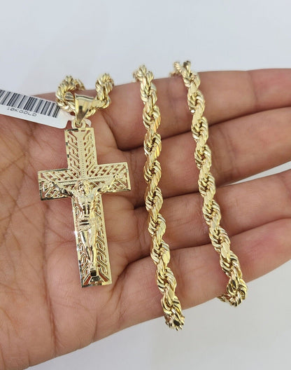 Real 10k Rope Chain Jesus Cross Charm Necklace Pendant Set 5mm 20" - 30" Inch Gold - Reva Jeweler