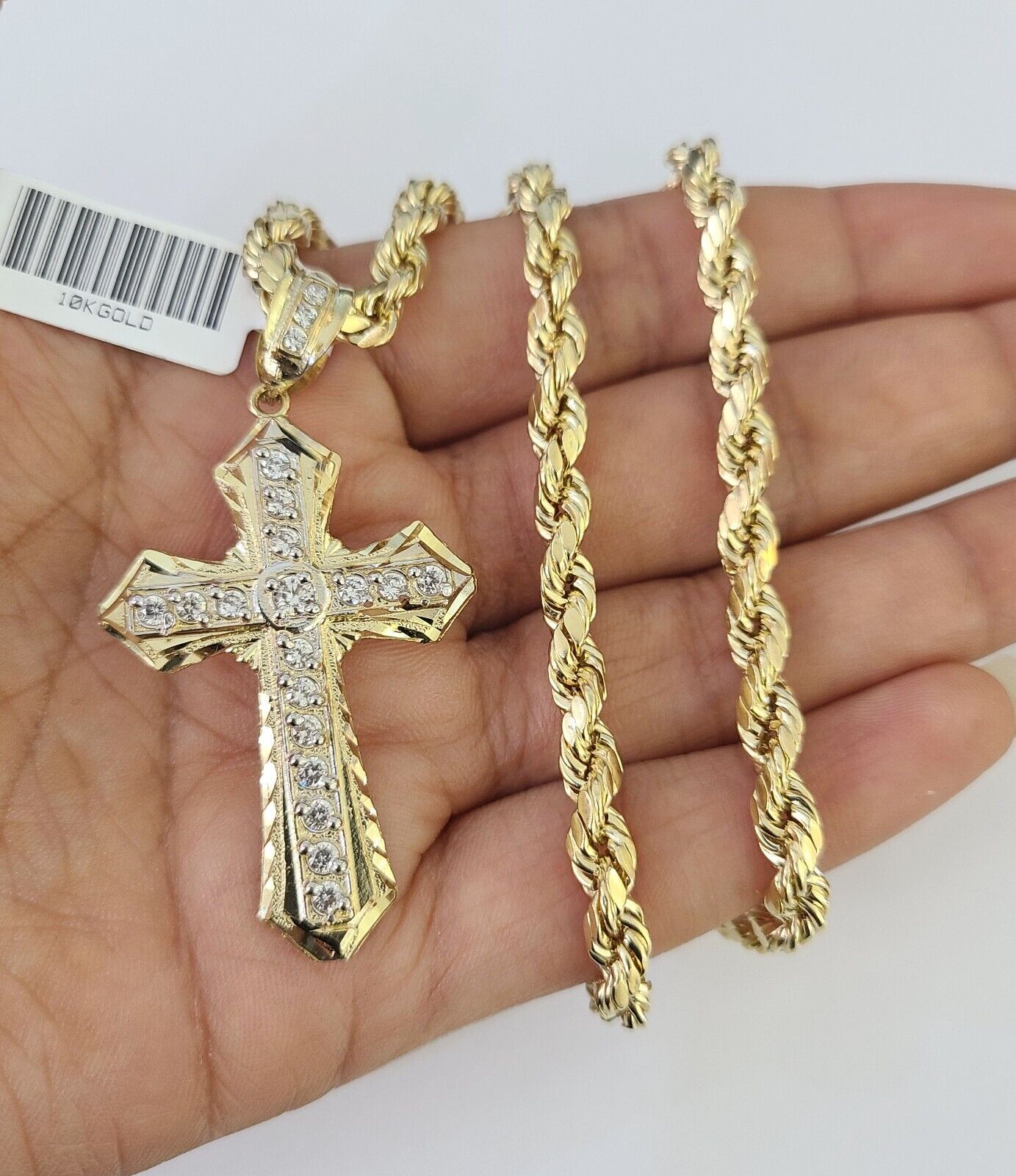 Real 10k Rope Chain Jesus Cross Charm Necklace Pendant Set 5mm 20" - 30" Inch Gold - Reva Jeweler