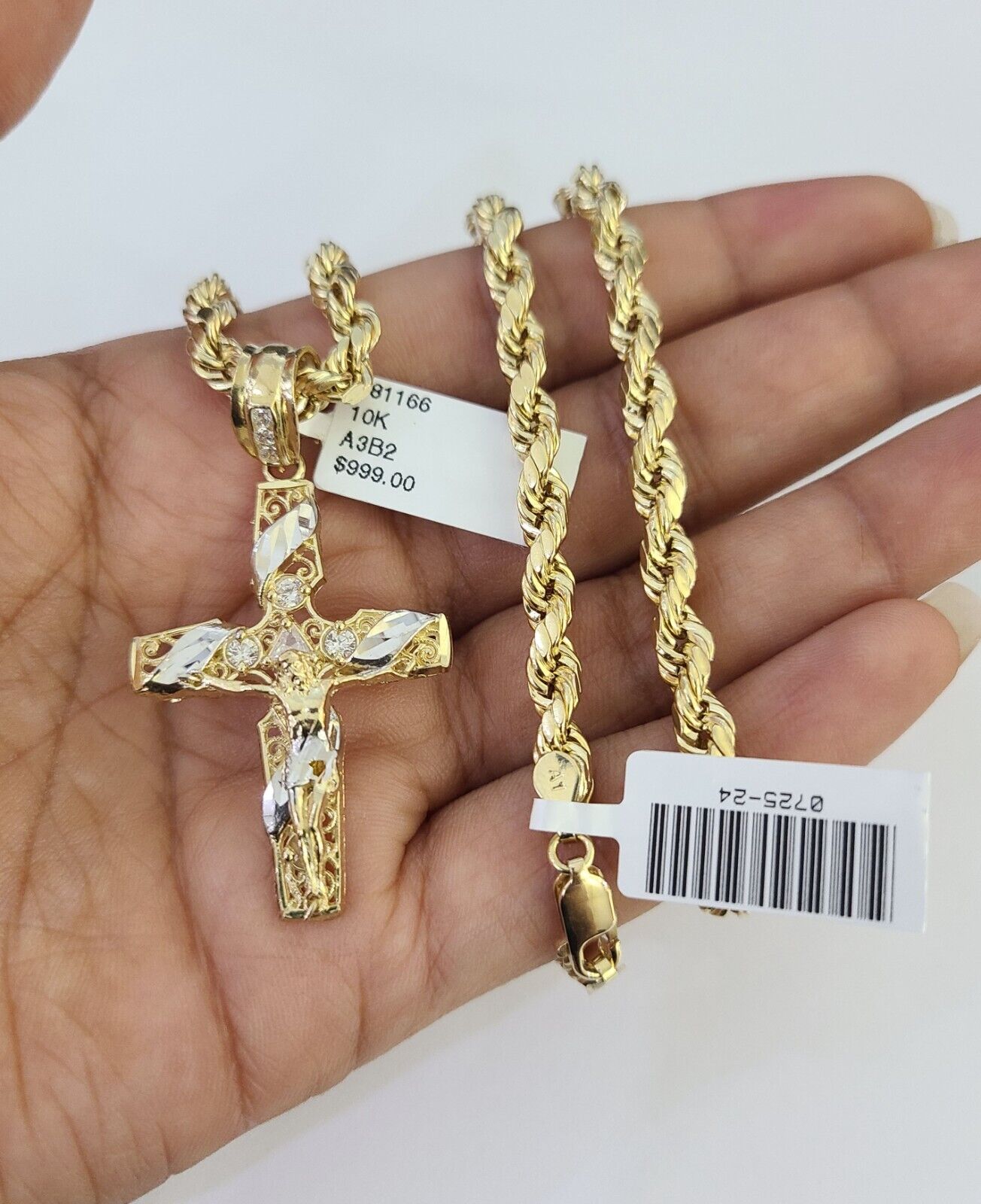Real 10k Rope Chain Jesus Cross Charm Necklace Pendant Set 5mm 20" - 30" Inch Gold - Reva Jeweler