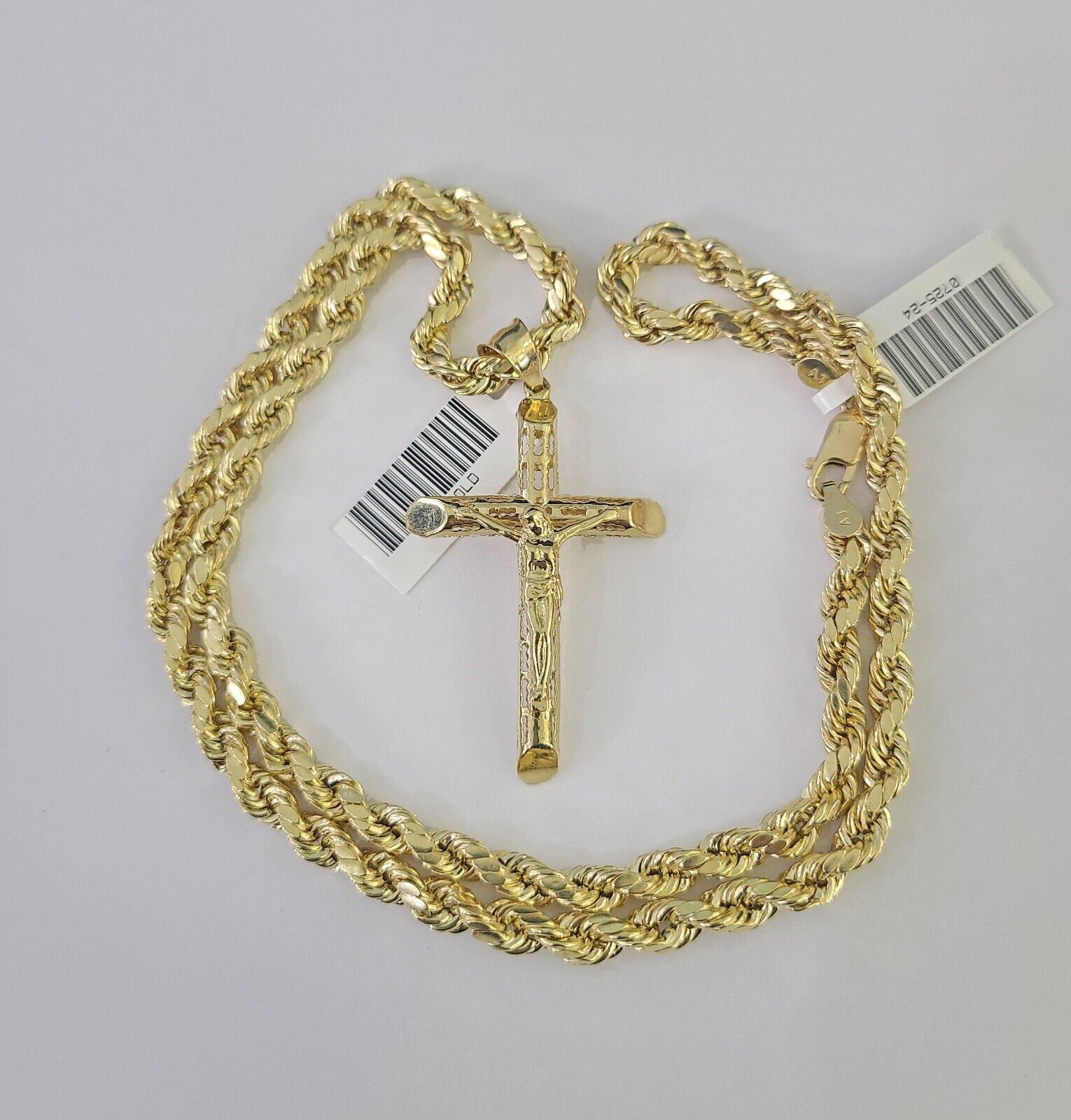 Real 10k Rope Chain Jesus Cross Charm Necklace Pendant Set 5mm 20" - 30" Inch Gold - Reva Jeweler