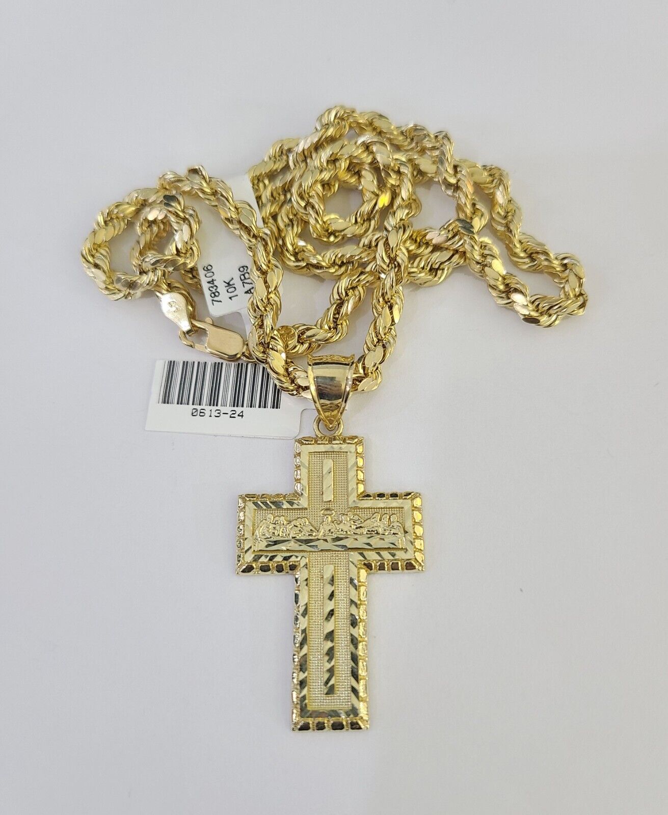 Real 10k Rope Chain Jesus Cross Charm Necklace Pendant Set 5mm 20" - 30" Inch Gold - Reva Jeweler