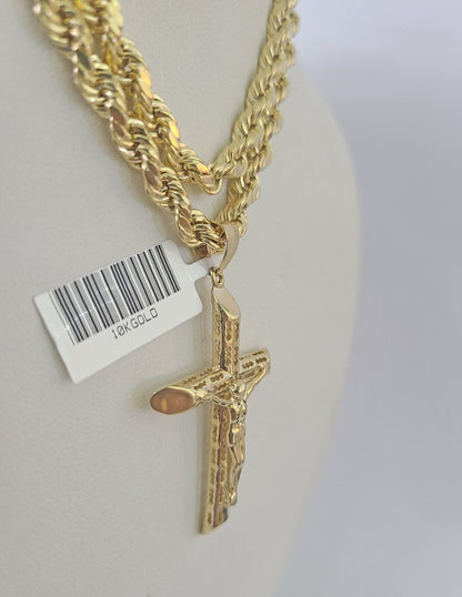 Real 10k Rope Chain Jesus Cross Charm Necklace Pendant Set 5mm 20" - 30" Inch Gold - Reva Jeweler