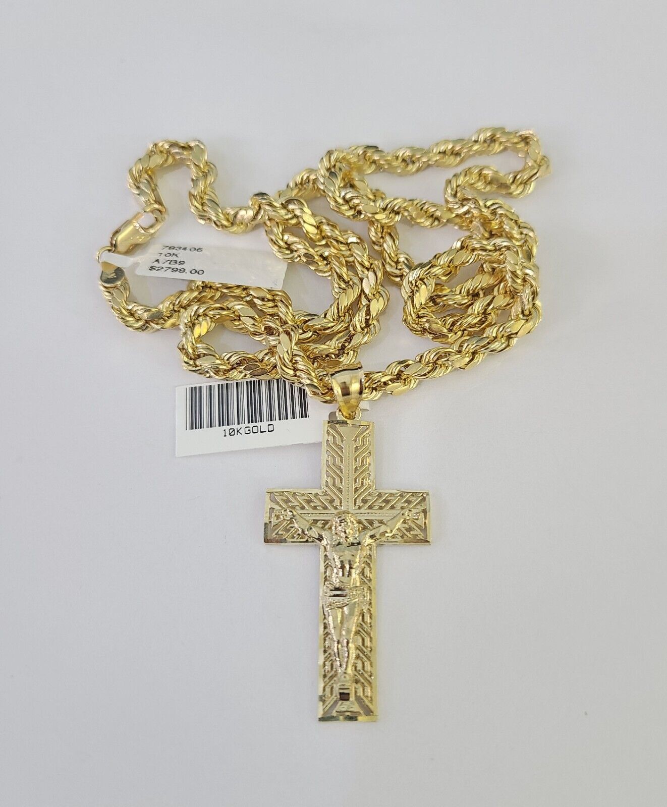 Real 10k Rope Chain Jesus Cross Charm Necklace Pendant Set 5mm 20" - 30" Inch Gold - Reva Jeweler