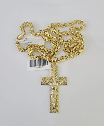 Real 10k Rope Chain Jesus Cross Charm Necklace Pendant Set 5mm 20" - 30" Inch Gold - Reva Jeweler