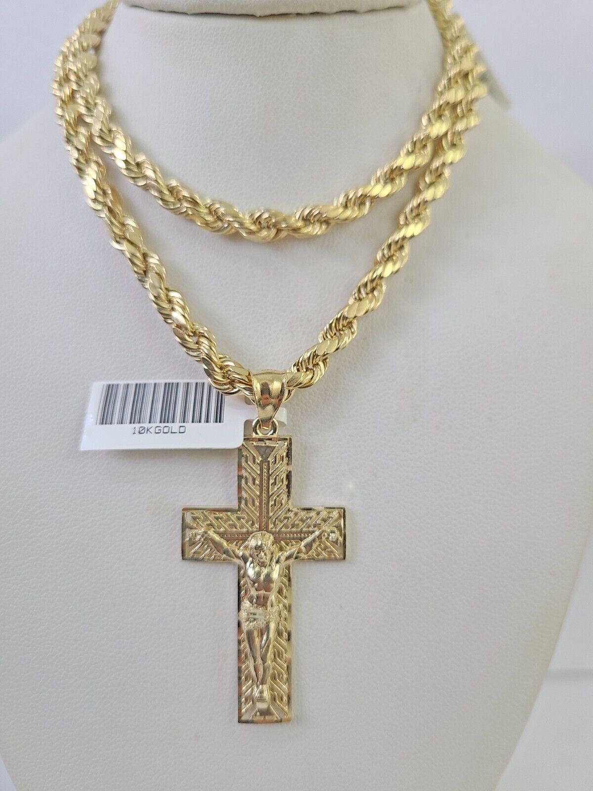 Real 10k Rope Chain Jesus Cross Charm Necklace Pendant Set 5mm 20" - 30" Inch Gold - Reva Jeweler