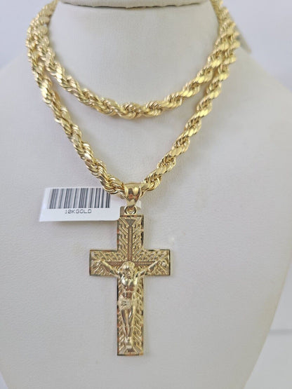Real 10k Rope Chain Jesus Cross Charm Necklace Pendant Set 5mm 20" - 30" Inch Gold - Reva Jeweler