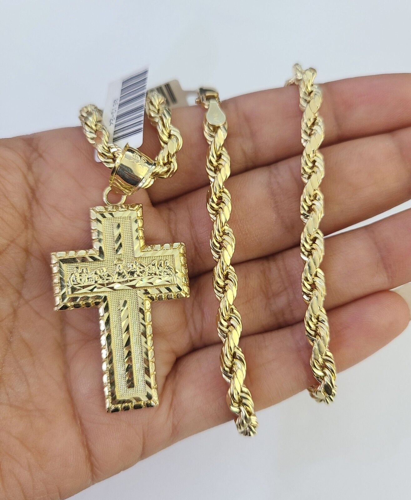 Real 10k Rope Chain Jesus Cross Charm Necklace Pendant Set 5mm 20" - 30" Inch Gold - Reva Jeweler