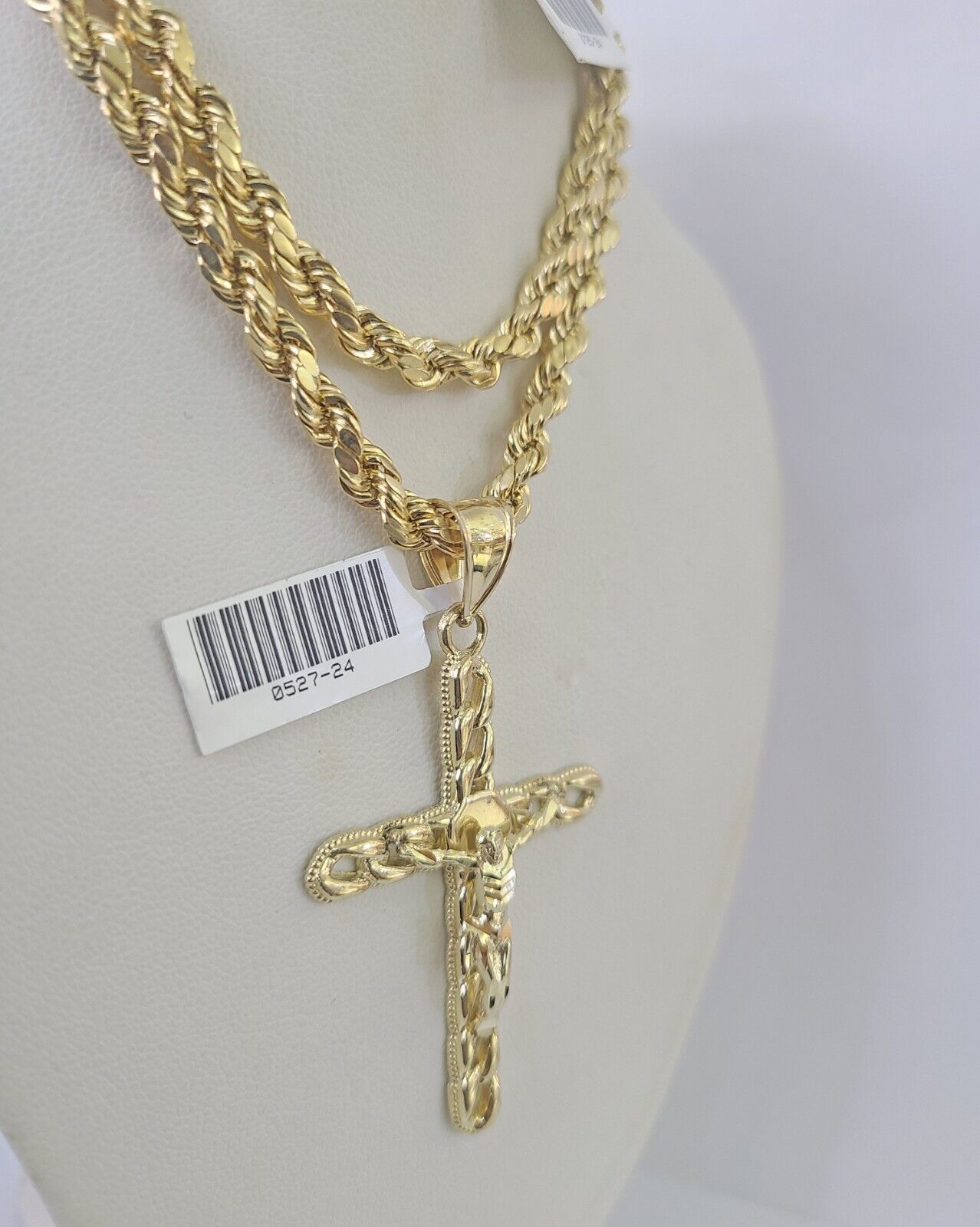 Real 10k Rope Chain Jesus Cross Charm Necklace Pendant Set 5mm 20" - 30" Inch Gold - Reva Jeweler