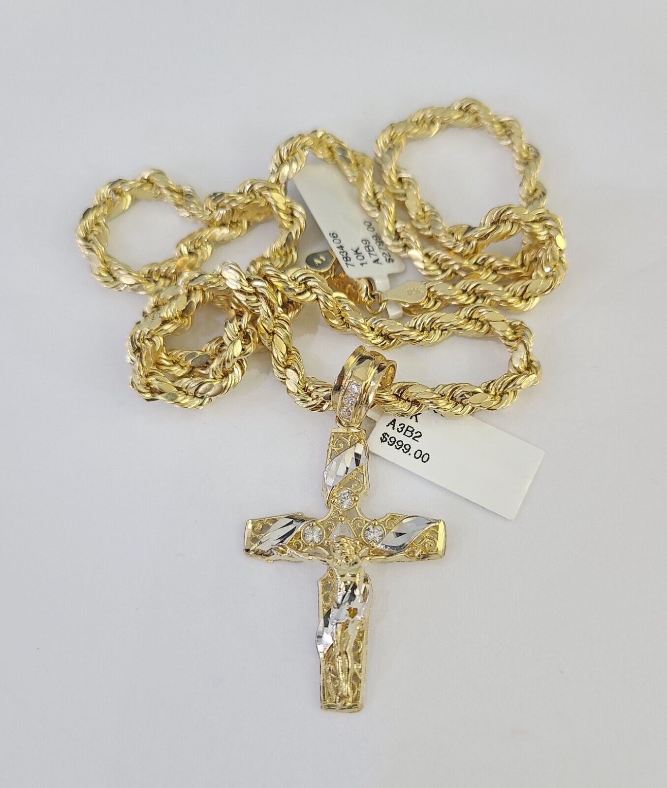 Real 10k Rope Chain Jesus Cross Charm Necklace Pendant Set 5mm 20" - 30" Inch Gold - Reva Jeweler