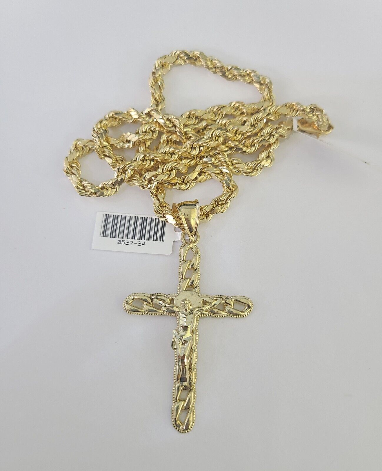 Real 10k Rope Chain Jesus Cross Charm Necklace Pendant Set 5mm 20" - 30" Inch Gold - Reva Jeweler