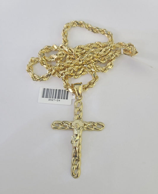 Real 10k Rope Chain Jesus Cross Charm Necklace Pendant Set 5mm 20" - 30" Inch Gold - Reva Jeweler