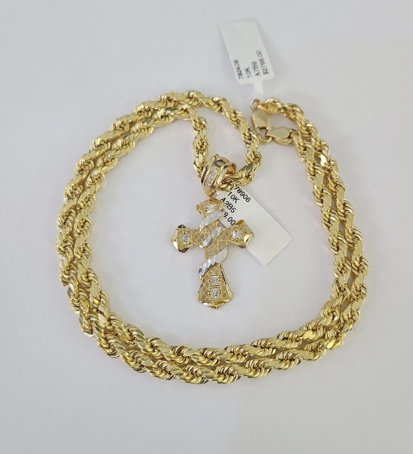 Real 10k Rope Chain Jesus Cross Charm Necklace Pendant Set 5mm 20" - 30" Inch Gold - Reva Jeweler