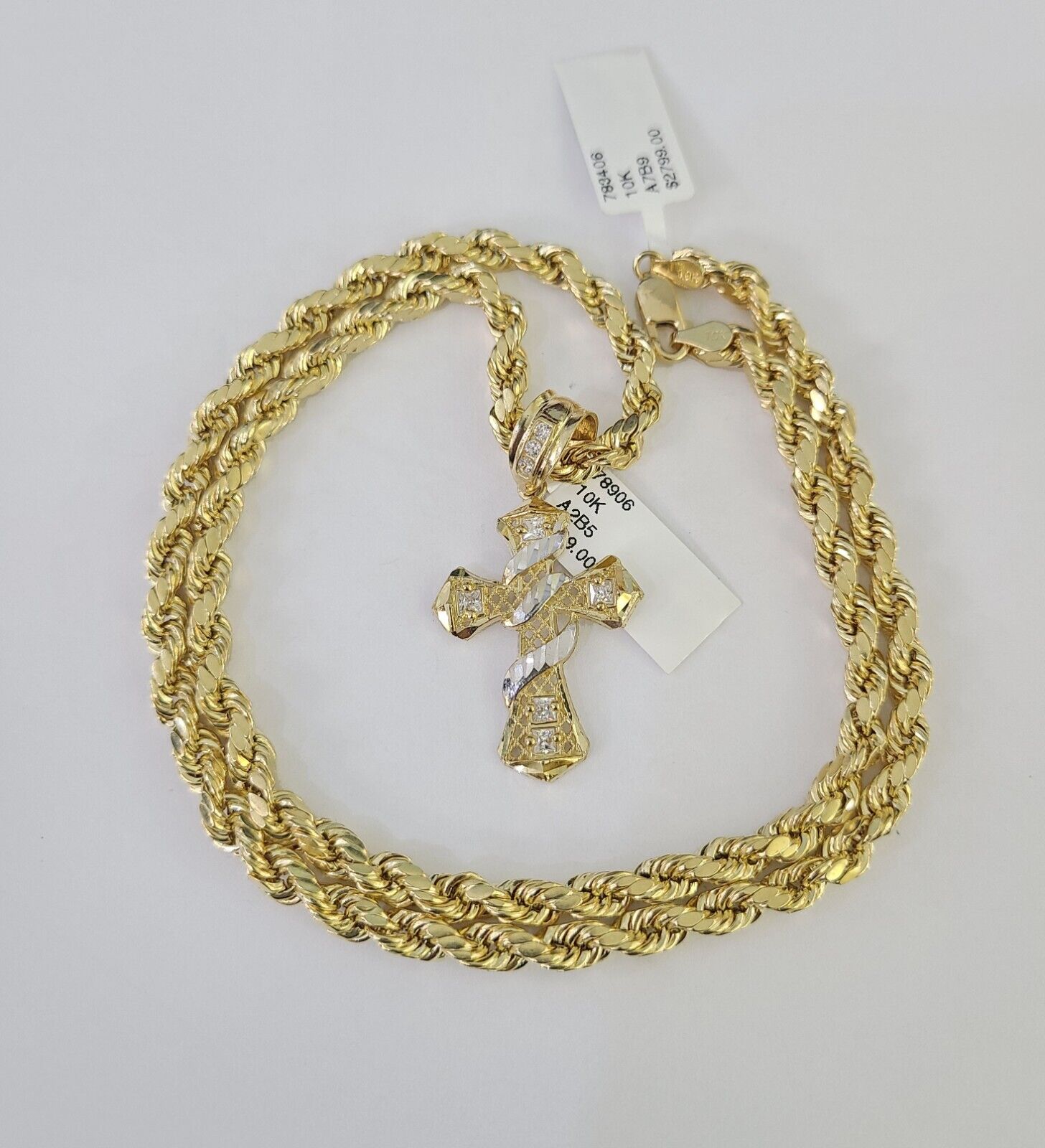 Real 10k Rope Chain Jesus Cross Charm Necklace Pendant Set 5mm 20" - 30" Inch Gold - Reva Jeweler