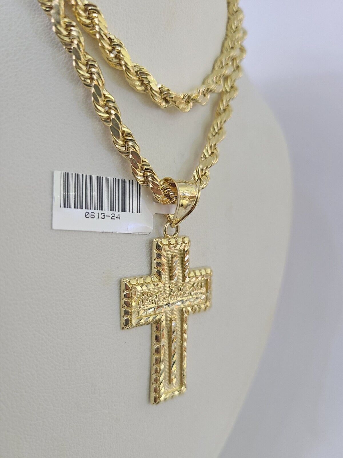 Real 10k Rope Chain Jesus Cross Charm Necklace Pendant Set 5mm 20" - 30" Inch Gold - Reva Jeweler