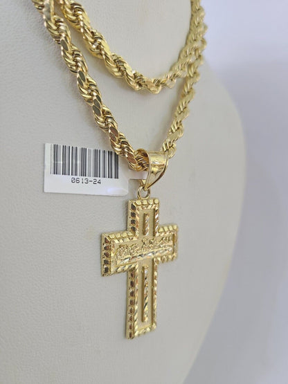 Real 10k Rope Chain Jesus Cross Charm Necklace Pendant Set 5mm 20" - 30" Inch Gold - Reva Jeweler
