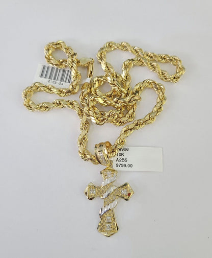 Real 10k Rope Chain Jesus Cross Charm Necklace Pendant Set 5mm 20" - 30" Inch Gold - Reva Jeweler