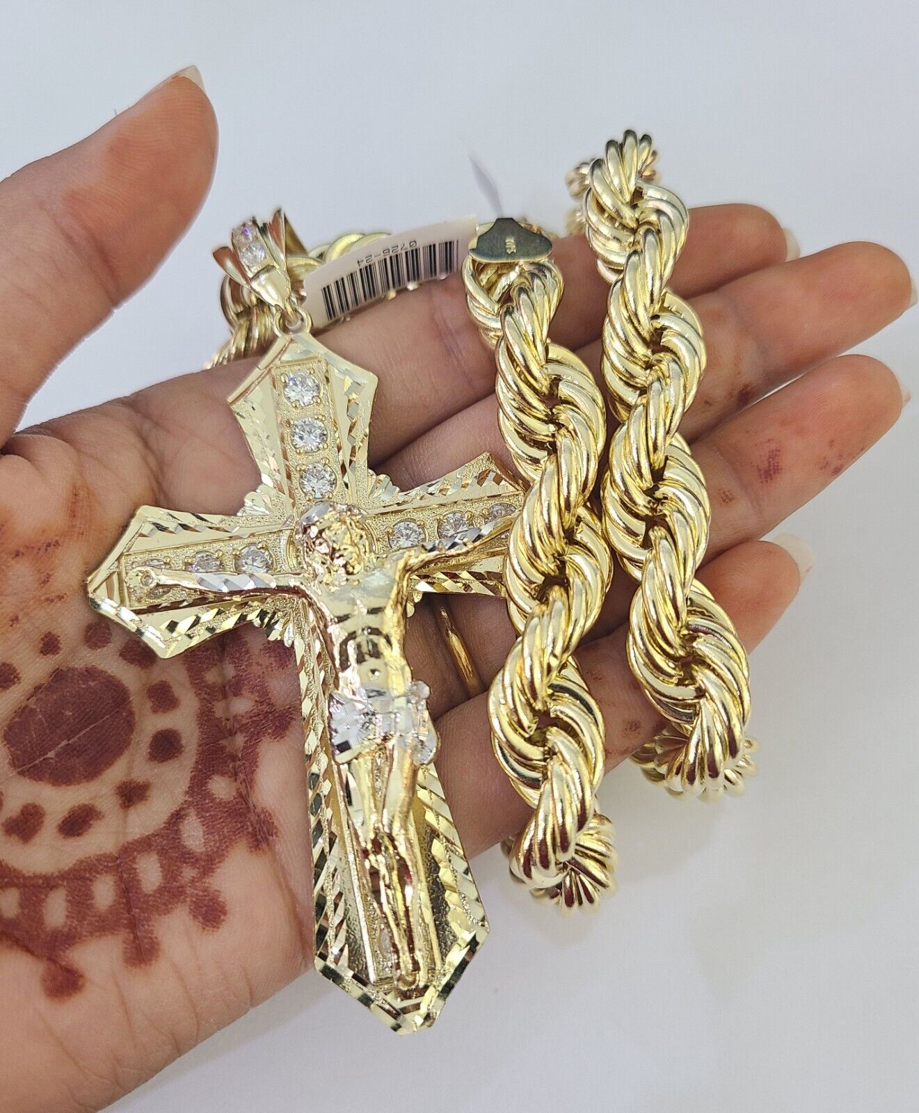 Real 10k Rope Chain Jesus Cross Charm Set 12mm 20" - 30" Inch Necklace Yellow Gold - Reva Jeweler