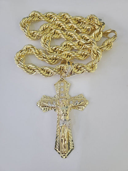 Real 10k Rope Chain Jesus Cross Charm Set 12mm 20" - 30" Inch Necklace Yellow Gold - Reva Jeweler