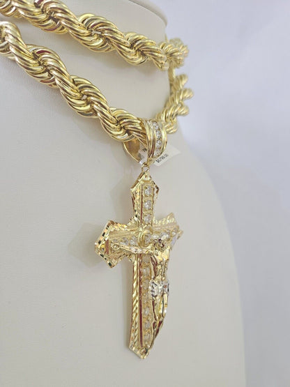 Real 10k Rope Chain Jesus Cross Charm Set 12mm 20" - 30" Inch Necklace Yellow Gold - Reva Jeweler