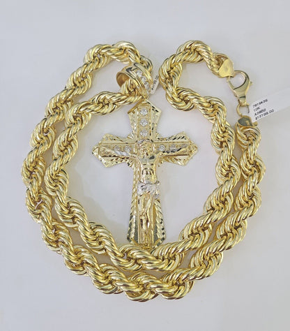 Real 10k Rope Chain Jesus Cross Charm Set 12mm 20" - 30" Inch Necklace Yellow Gold - Reva Jeweler
