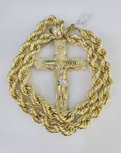 Real 10k Rope Chain Jesus Cross Charm Set 12mm 20" - 30" Inch Necklace Yellow Gold - Reva Jeweler