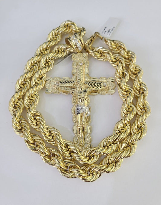 Real 10k Rope Chain Jesus Cross Charm Set 12mm 20" - 30" Inch Necklace Yellow Gold - Reva Jeweler