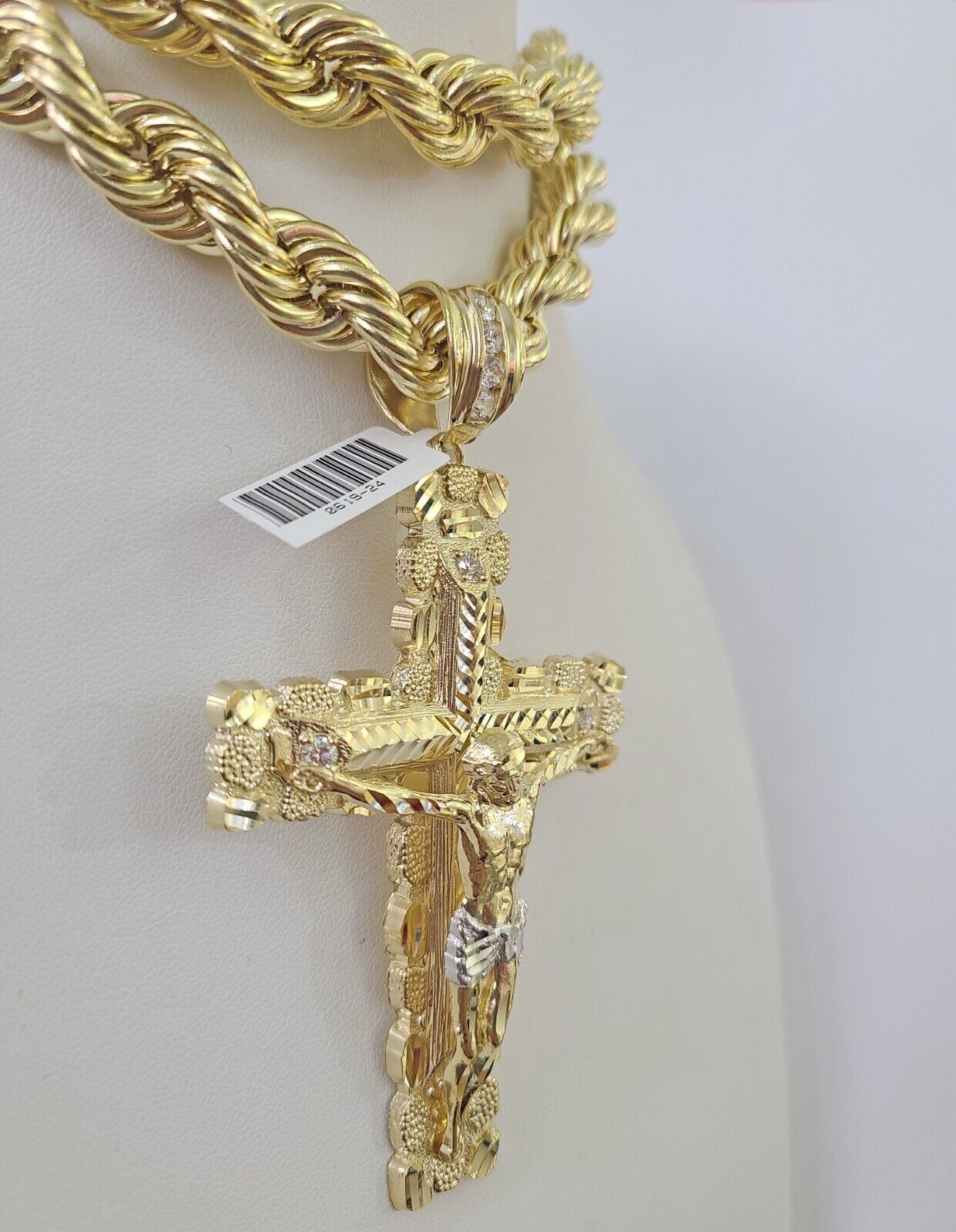 Real 10k Rope Chain Jesus Cross Charm Set 12mm 20" - 30" Inch Necklace Yellow Gold - Reva Jeweler