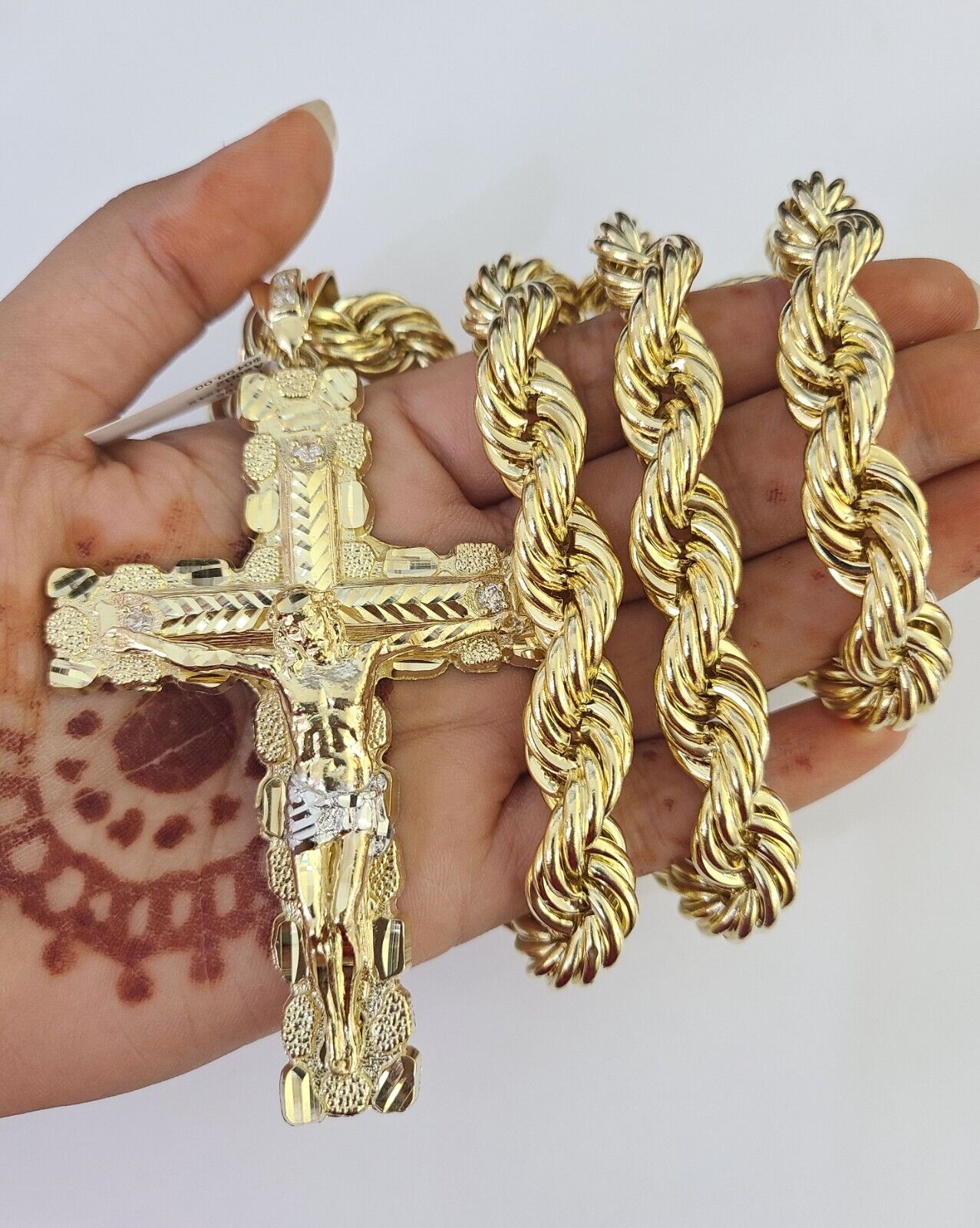 Real 10k Rope Chain Jesus Cross Charm Set 12mm 20" - 30" Inch Necklace Yellow Gold - Reva Jeweler