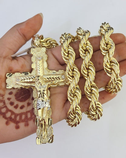 Real 10k Rope Chain Jesus Cross Charm Set 12mm 20" - 30" Inch Necklace Yellow Gold - Reva Jeweler