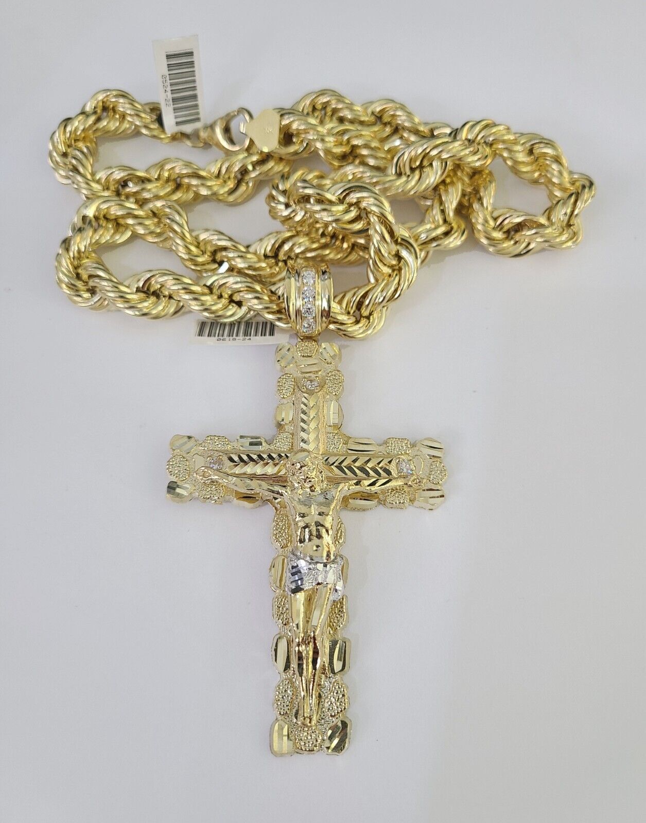 Real 10k Rope Chain Jesus Cross Charm Set 12mm 20" - 30" Inch Necklace Yellow Gold - Reva Jeweler