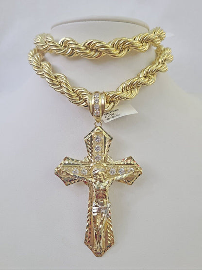 Real 10k Rope Chain Jesus Cross Charm Set 12mm 20" - 30" Inch Necklace Yellow Gold - Reva Jeweler