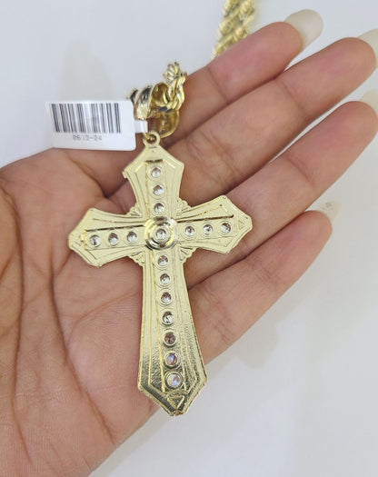 Real 10k Rope Chain Jesus Cross Charm Set 7mm 18" - 26" Inch Necklace Yellow Gold - GoldenlinQ