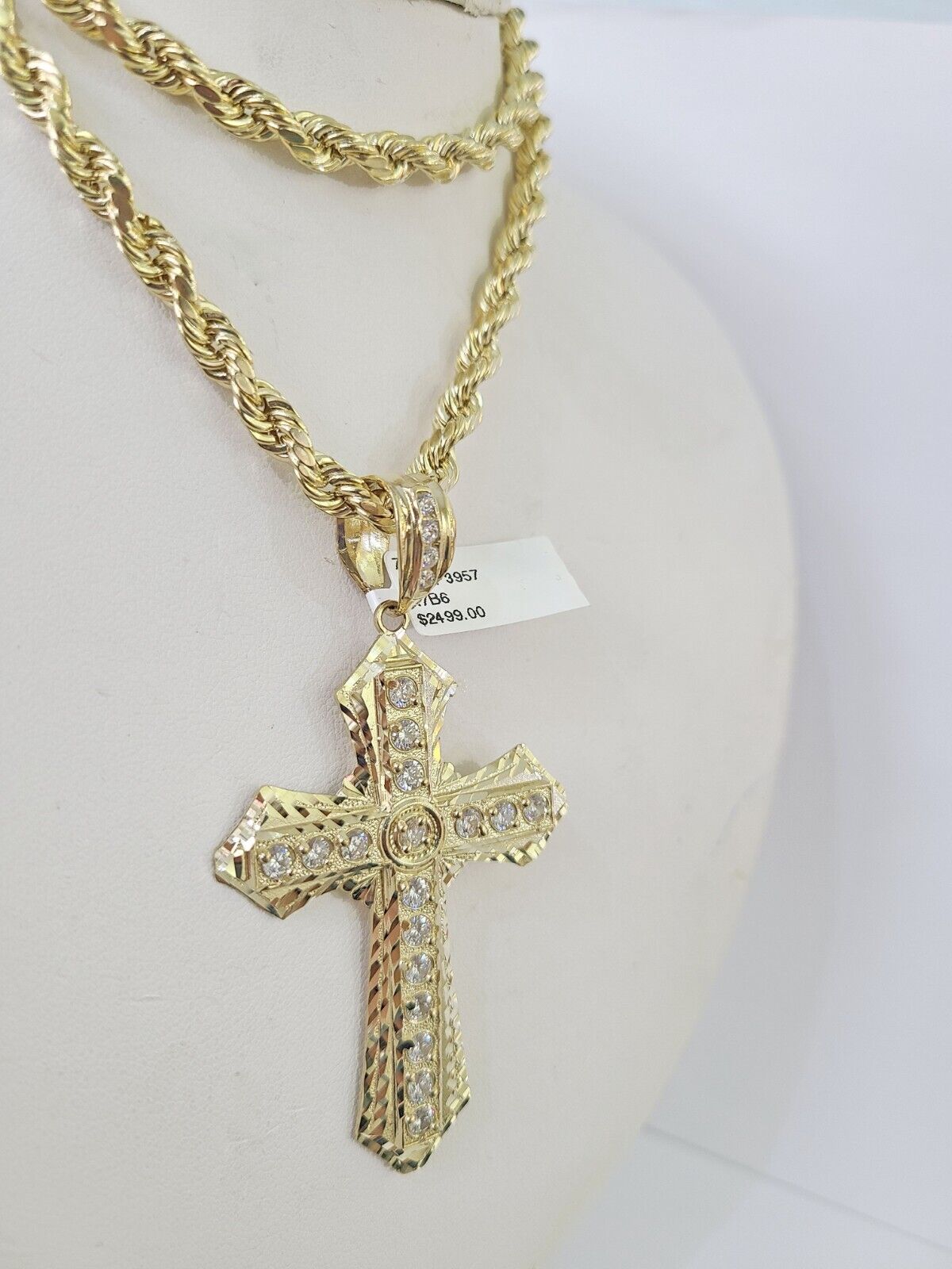 Real 10k Rope Chain Jesus Cross Charm Set 7mm 18" - 26" Inch Necklace Yellow Gold - GoldenlinQ