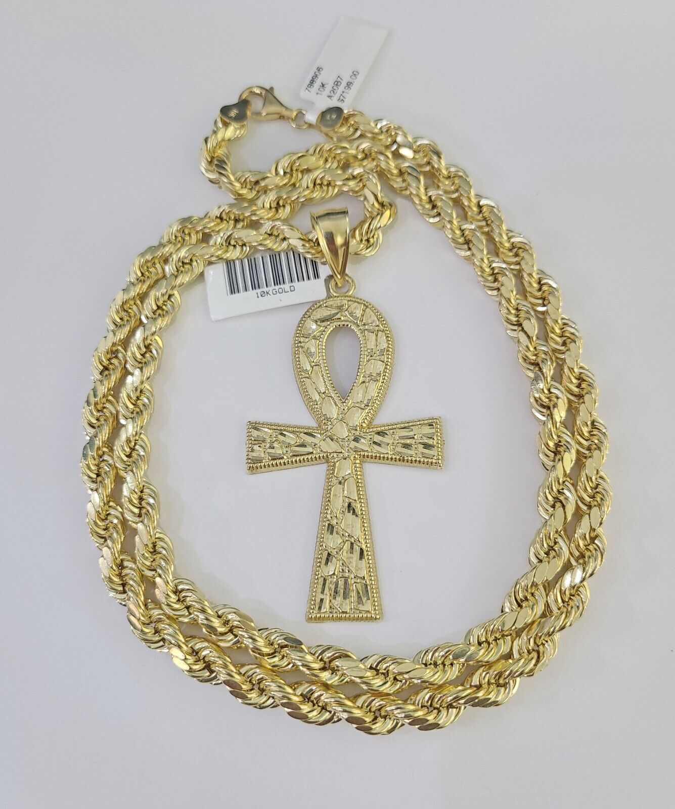 Real 10k Rope Chain Jesus Cross Charm Set 7mm 20" - 28" Inch Necklace Yellow Gold - Reva Jeweler