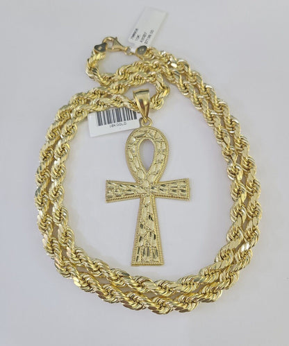 Real 10k Rope Chain Jesus Cross Charm Set 7mm 20" - 28" Inch Necklace Yellow Gold - Reva Jeweler