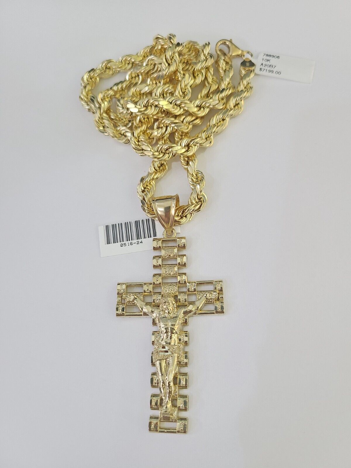 Real 10k Rope Chain Jesus Cross Charm Set 7mm 20" - 28" Inch Necklace Yellow Gold - Reva Jeweler