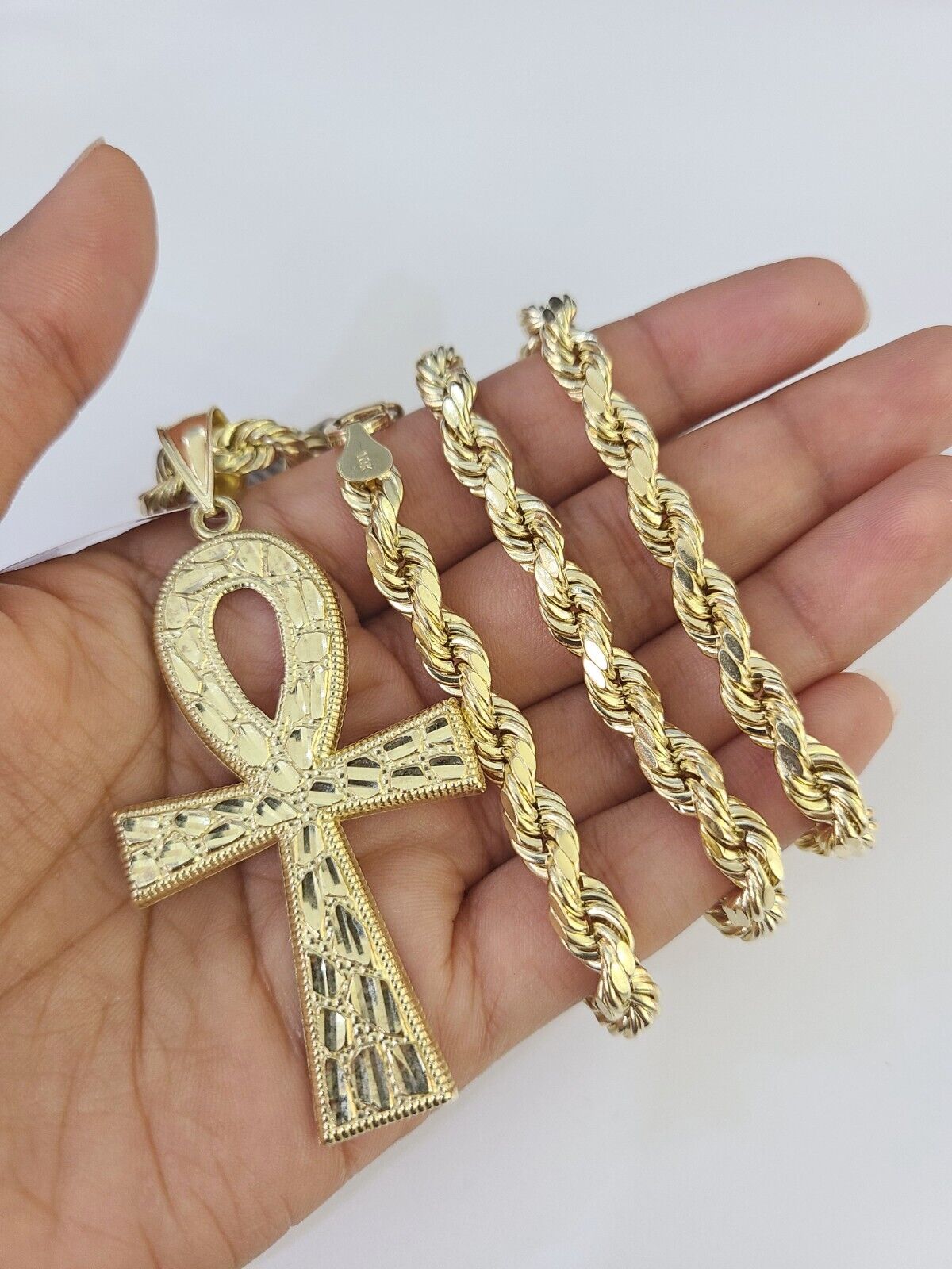 Real 10k Rope Chain Jesus Cross Charm Set 7mm 20" - 28" Inch Necklace Yellow Gold - Reva Jeweler