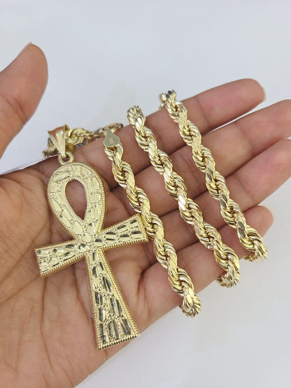 Real 10k Rope Chain Jesus Cross Charm Set 7mm 20" - 28" Inch Necklace Yellow Gold - Reva Jeweler