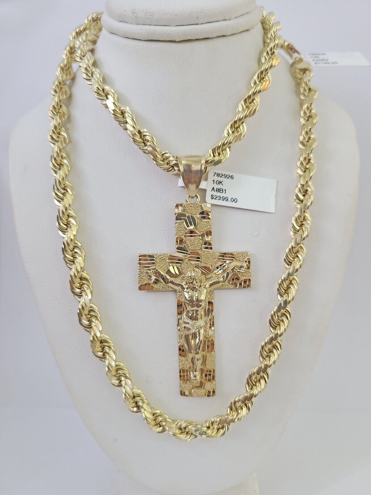 Real 10k Rope Chain Jesus Cross Charm Set 7mm 20" - 28" Inch Necklace Yellow Gold - Reva Jeweler