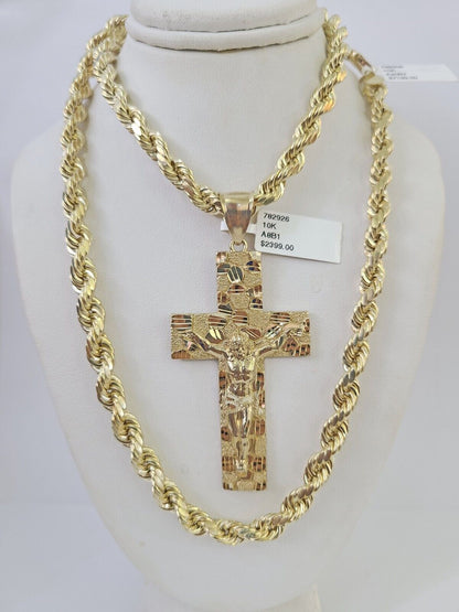 Real 10k Rope Chain Jesus Cross Charm Set 7mm 20" - 28" Inch Necklace Yellow Gold - Reva Jeweler