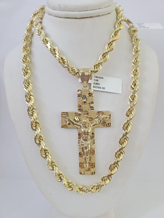 Real 10k Rope Chain Jesus Cross Charm Set 7mm 20" - 28" Inch Necklace Yellow Gold - Reva Jeweler