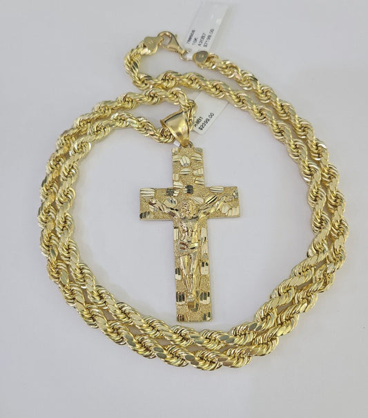 Real 10k Rope Chain Jesus Cross Charm Set 7mm 20" - 28" Inch Necklace Yellow Gold - Reva Jeweler